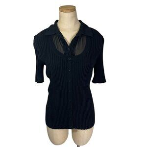 Ann Taylor women's blouse L black knit layered look short sleeve